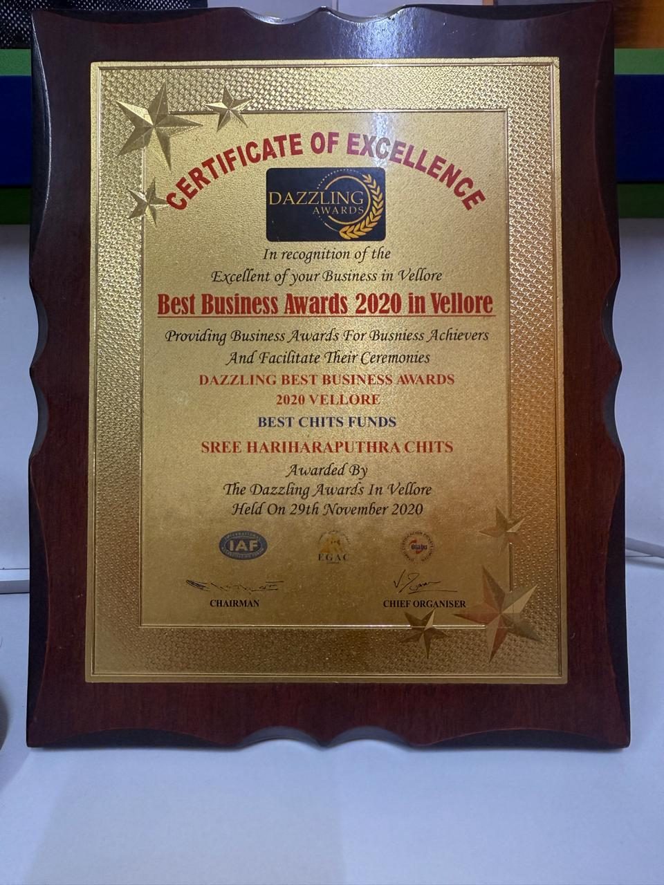 Certificate of Excellence, Best Chit Funds, Dazzling Best Business Awards 2020, Vellore